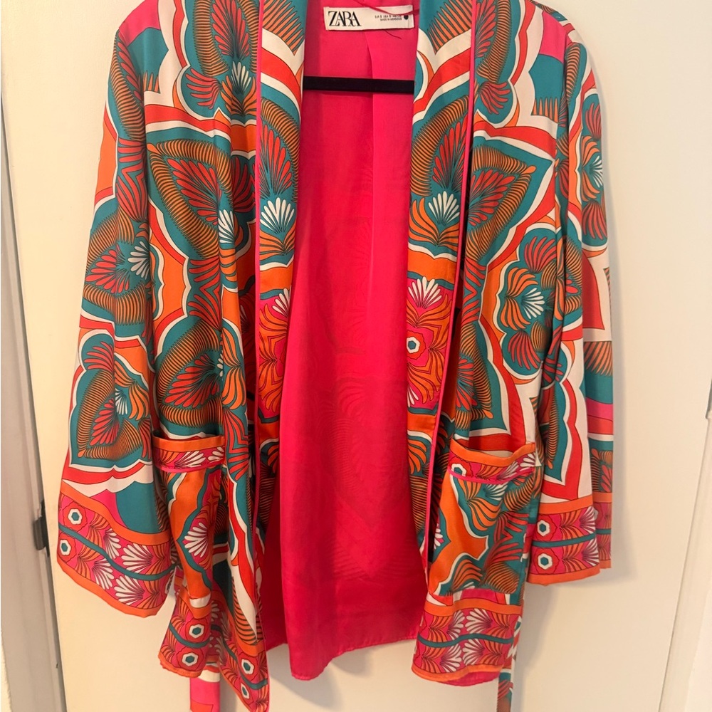 Zara Women's Vibrant Orange and Teal Patterned Blazer